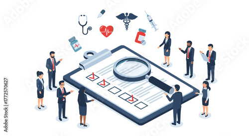 Diverse business team collaborates on medical research document with magnifying glass examining health checklist and icons
