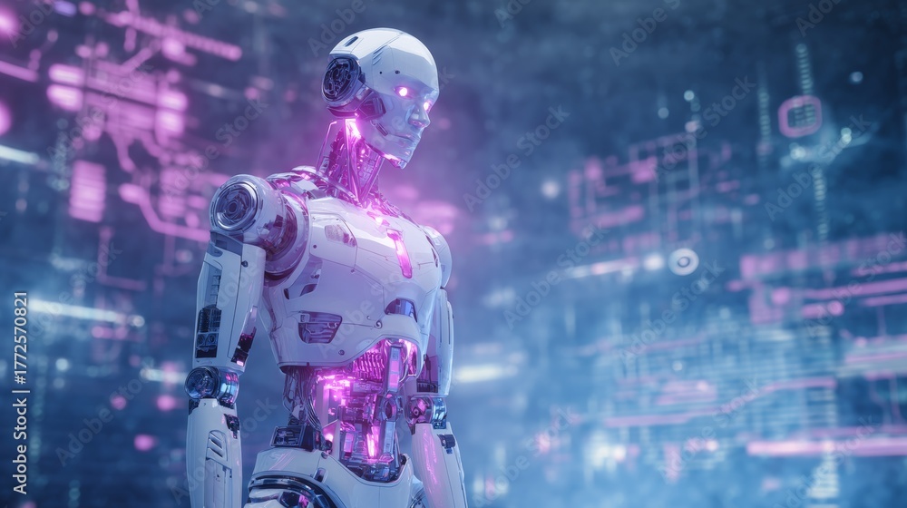Fototapeta premium Futuristic Robot with Neon Circuit Background in High-Tech Digital Environment