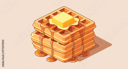Golden stacked waffles topped with melting butter and rich syrup, a perfect breakfast treat for any occasion