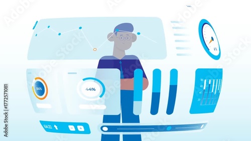 Futuristic digital workspace animation showing AI, innovation and advanced technology development concept