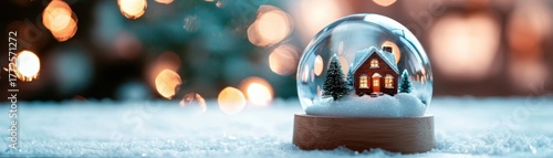 Snow globe with tiny house and trees resting on a snowy surface illuminated by bokeh lights