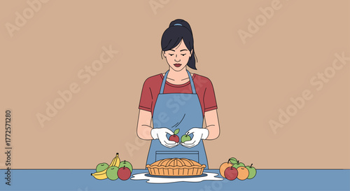 Skilled baker carefully arranging fresh apples for a delicious homemade pie, creating a warm, inviting culinary scene