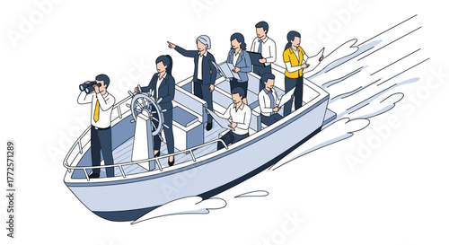 Confident business team charting course to success aboard fast moving vessel, leadership guiding future growth
