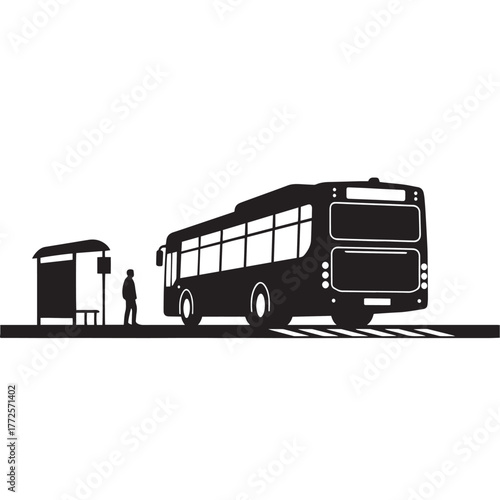 Silhouette of a city bus pulling away from bus stop