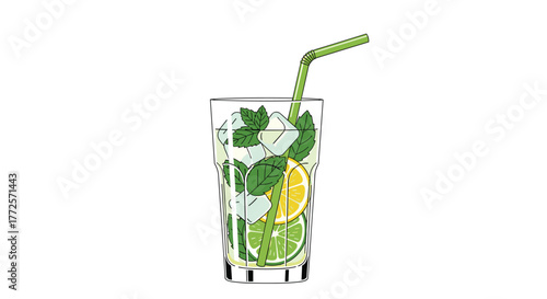 Refreshing mojito cocktail with ice mint lemon and lime slices in a tall glass perfect for summer refreshment and vibrant lifestyle content