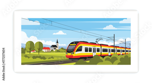 Vibrant modern train speeds through picturesque countryside past a charming village church and lush green landscape under a bright blue sky