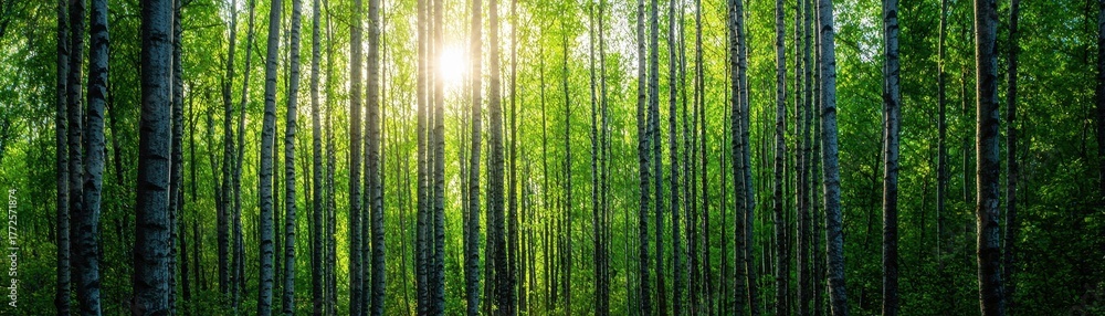 Fototapeta premium Sunlight streams through a dense forest of birch trees with vibrant green foliage