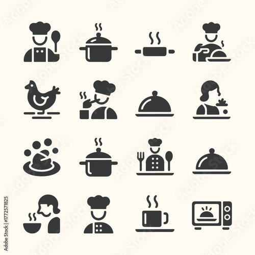 Collection of cooking and food icons representing chefs, dishes, and kitchen appliances
