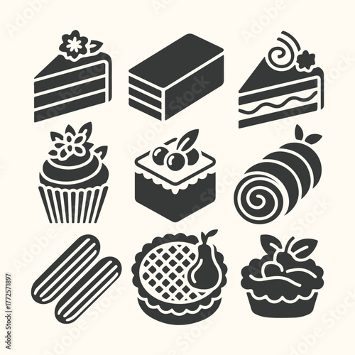 Collection of nine delicious dessert icons including cake, cupcake, pastry, and swiss roll