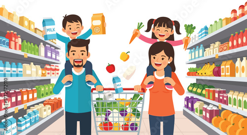 Joyful family shopping for groceries together in a vibrant supermarket aisle, creating happy memories and healthy meals