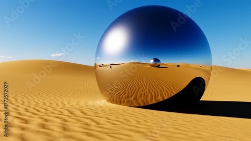 A giant mirrored sphere reflects a desert landscape, a smaller sphere on the sand, under a blue sky