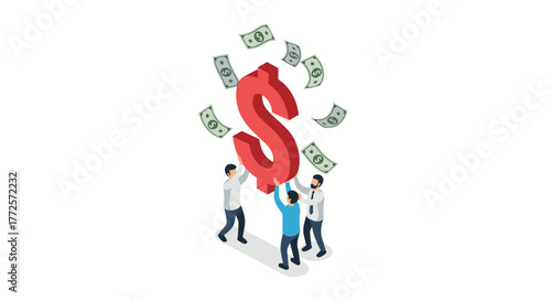 Teamwork elevates massive red dollar sign with falling cash, symbolizing financial success and collaborative wealth building