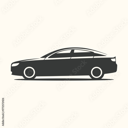 A sleek, modern dark grey sedan car silhouette with white accents, isolated on a light cream background