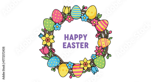 Vibrant Happy Easter wreath design with colorful eggs and spring flowers perfect for festive celebrations and greetings