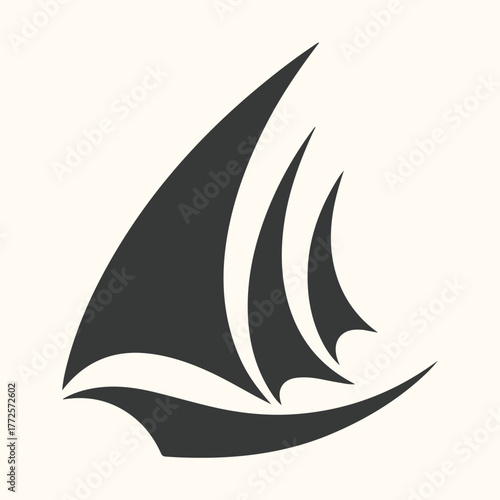 Stylized silhouette of a sailboat with three sails against a light background