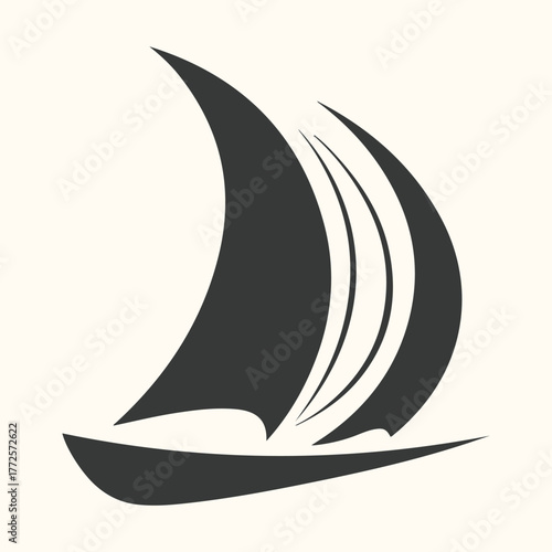 Stylized dark grey silhouette of a sailboat with billowing sails on a light cream background