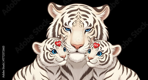 a mother white tiger with 2 white
tiger cubs