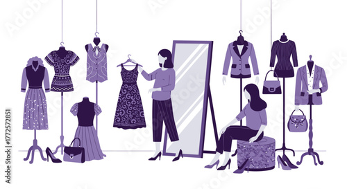 Elegant businesswoman selecting stylish outfits and accessories in a chic boutique, preparing for a professional event or personal shopping spree