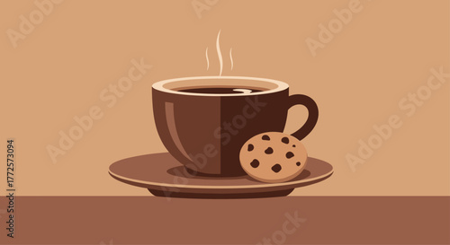 Warm steaming coffee cup sits beside a delicious chocolate chip cookie on a saucer, perfect for morning relaxation and cozy moments