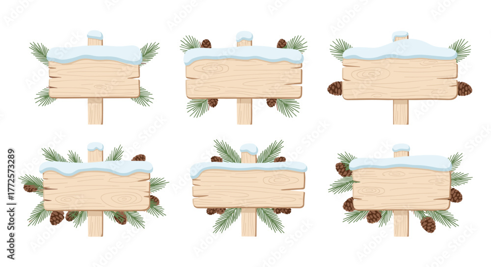 Fototapeta premium Winter wooden signs with pine cones and snow on rustic background