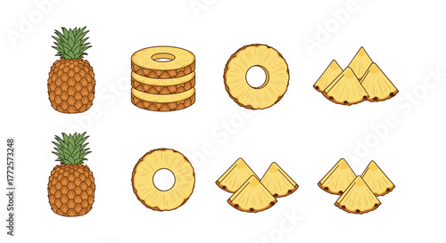 Colorful pineapple slices and whole pineapples on white background