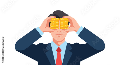 Businessman holding stack of gold coins over eyes symbolizing financial focus and wealth pursuit in modern business