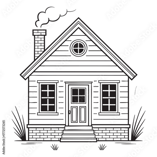 Black and white illustration of a small house with smoke coming from chimney home building