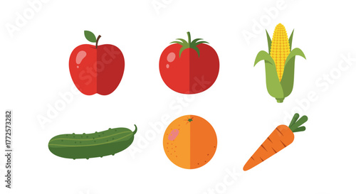Fresh fruits and vegetables in modern flat design with bold colors