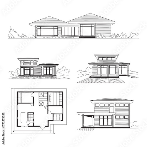 Architectural drawings of modern houses and floor plan home architecture