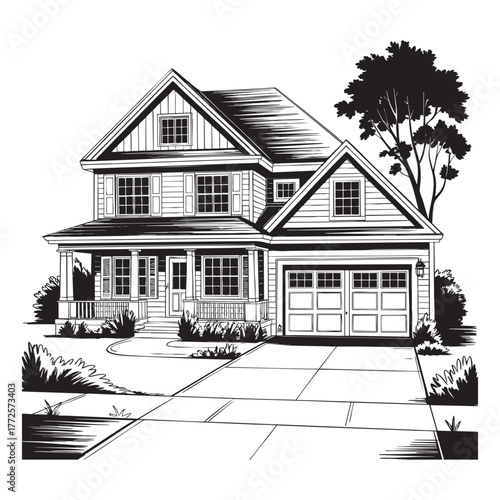 Black and white illustration of a two story house with garage and porch home residential