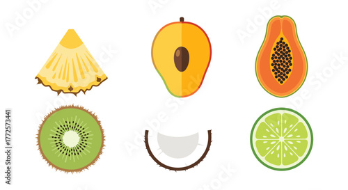 Colorful flat tropical fruit set featuring pineapple, mango, papaya, kiwi, coconut, and lime