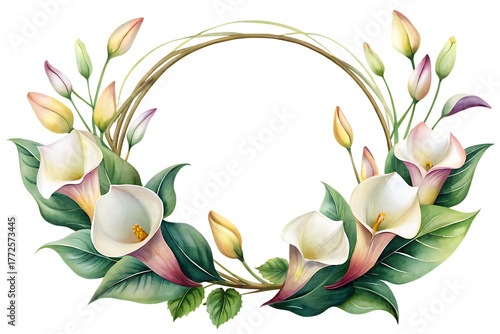 A beautiful wreath made of calla lilies, buds, and green leaves, forming a circular frame with a golden twine accent, isolated on a transparent background
