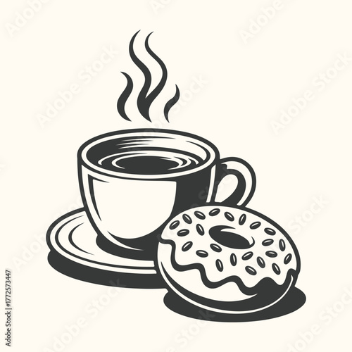 A steaming cup of coffee and a frosted donut with sprinkles, a classic breakfast or snack combination