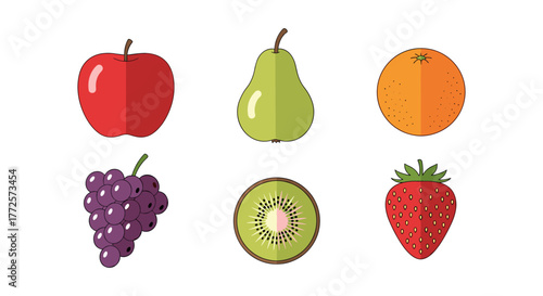 Colorful fruit collection featuring apple, pear, orange, grapes, kiwi, and strawberry in flat art style