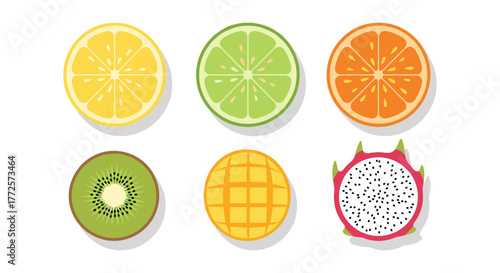 Colorful fruit slices in flat style: lemon, lime, orange, kiwi, mango, dragon fruit
