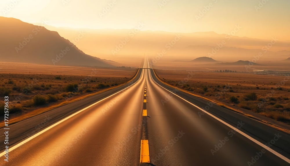 Fototapeta premium Endless asphalt ribbon vanishing into hazy distance, sun-drenched landscape, horizon, pattern
