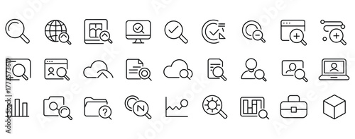 Unlock insights with these modern search and analysis icons great for websites and app interfaces enhancing user experience and driving data discovery in your next innovative project