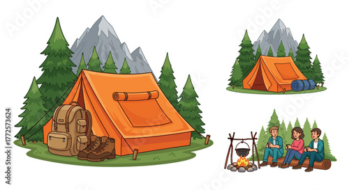 Vibrant outdoor adventure scene with cozy camping tent, backpack, boots, and friends enjoying campfire warmth amidst majestic mountains and lush forest
