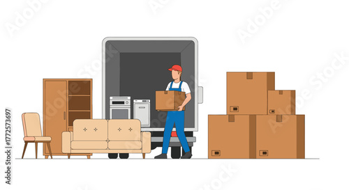 Professional mover carefully carries a box into a moving truck filled with furniture and appliances, ready for relocation