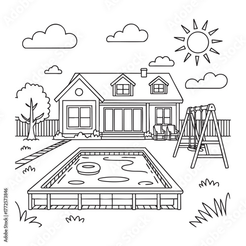 Black and white line drawing of a house with a swimming pool and swing set home