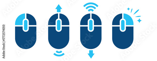 Explore various mouse functionalities with these illustrated icons, perfect for showcasing scrolling, clicking, and wireless connectivity in your next tech presentation or website design