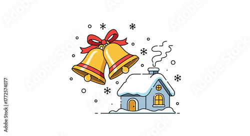 Joyful holiday bells ring above a charming snow-covered cottage, inviting winter warmth and festive cheer