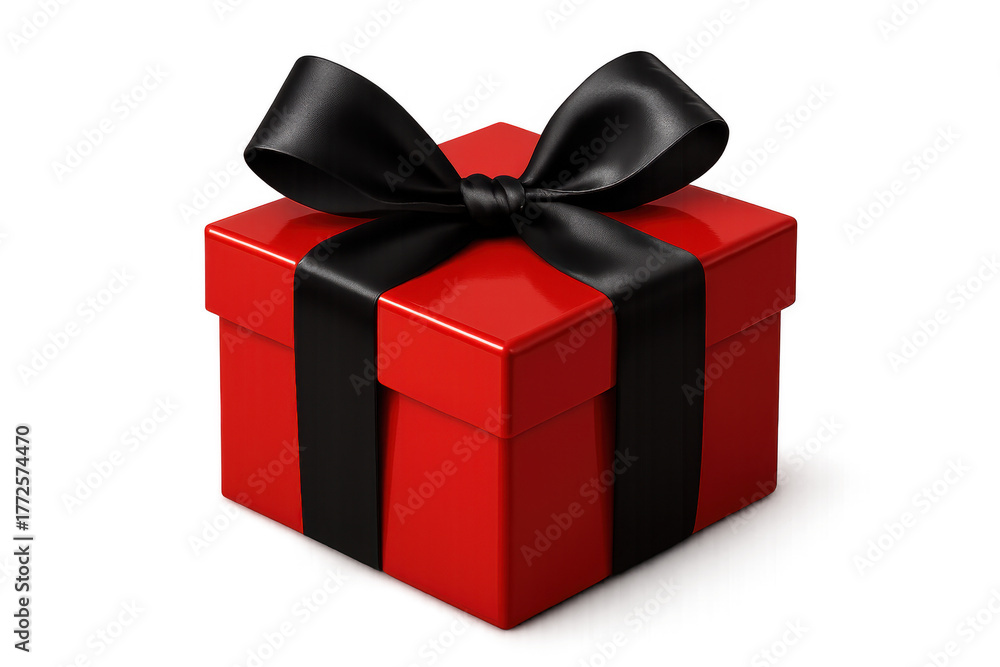 Fototapeta premium Red gift box wrapped with a black satin ribbon bow, symbolizing surprise, luxury, and special event presentations, on transparent background