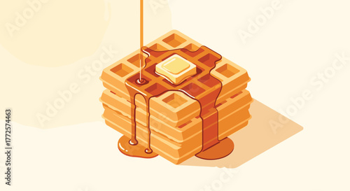 Delicious stack of golden waffles generously drizzled with rich syrup and topped with a melting pat of butter, perfect for breakfast or brunch inspiration
