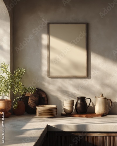 A white framed mirror is on a wall