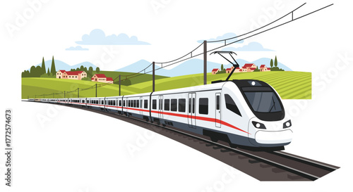 Modern high speed train speeds through scenic countryside with rolling hills and quaint village homes in the background