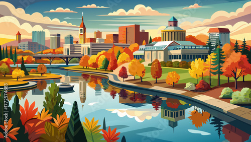 Very beautiful panoramic wide-angle view of Riverfront Park along the Spokane River in Spokane, Washington, USA, featuring colorful autumn foliage, calm water reflections, and scenic parkland under 