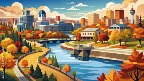 Very beautiful panoramic wide-angle view of Riverfront Park along the Spokane River in Spokane, Washington, USA, featuring colorful autumn foliage, calm water reflections, and scenic parkland under 