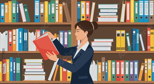 Professional businesswoman selects vital research document from extensive library shelves filled with colorful binders and books