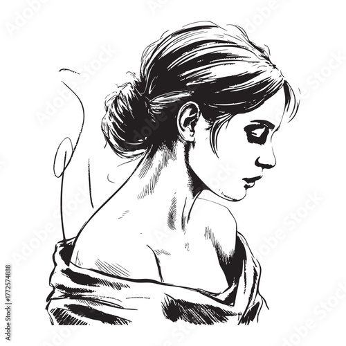 Black and white sketch of a woman with her hair in a bun looking down drawing illustration